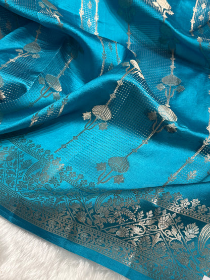 Dusty Blue Shades Floral Strip Booti Pure Caramel Mango Silk Saree