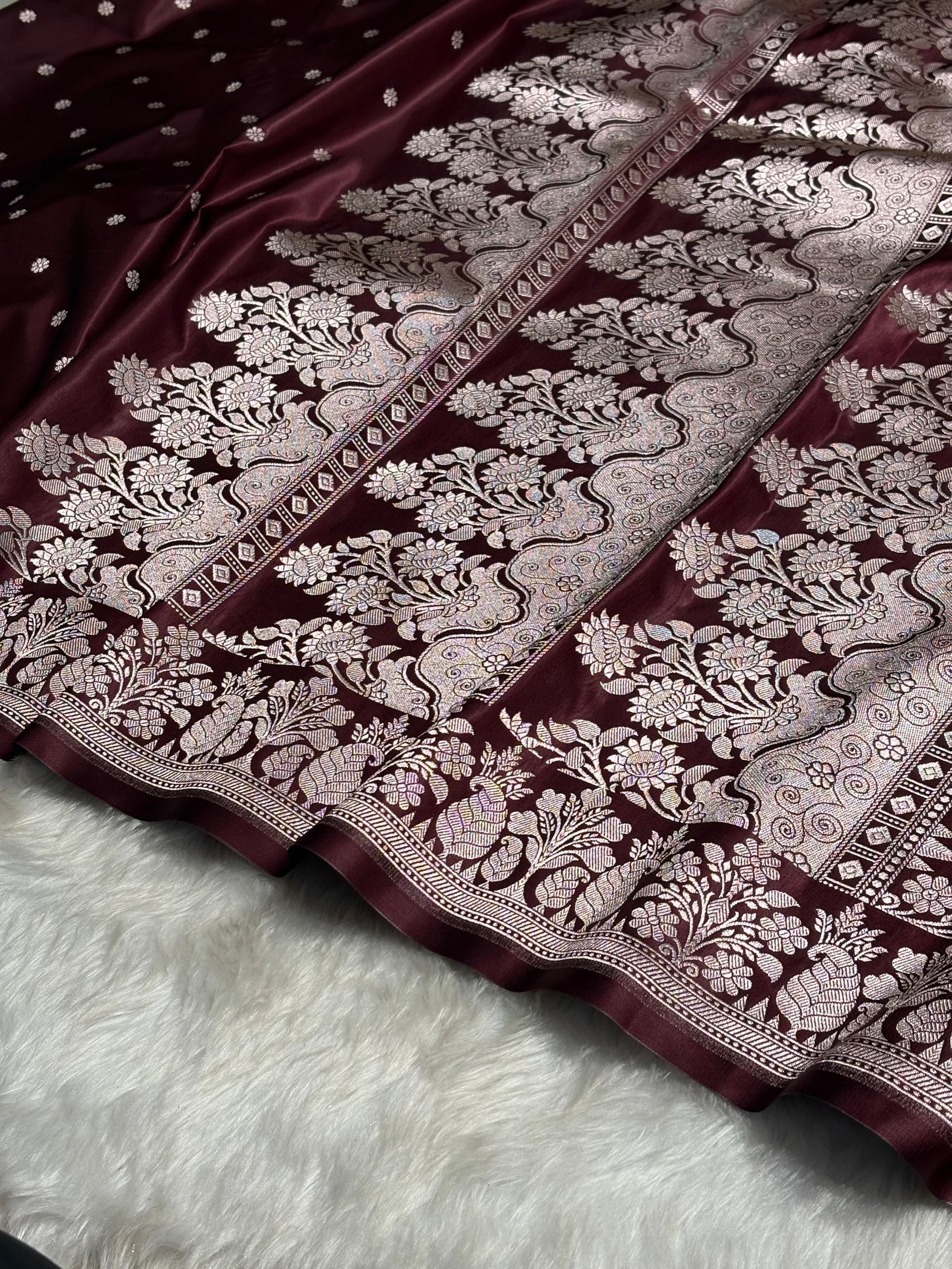 Garnet Shades Floral Boota With Floral Border Mashru Silk Saree MSM 79