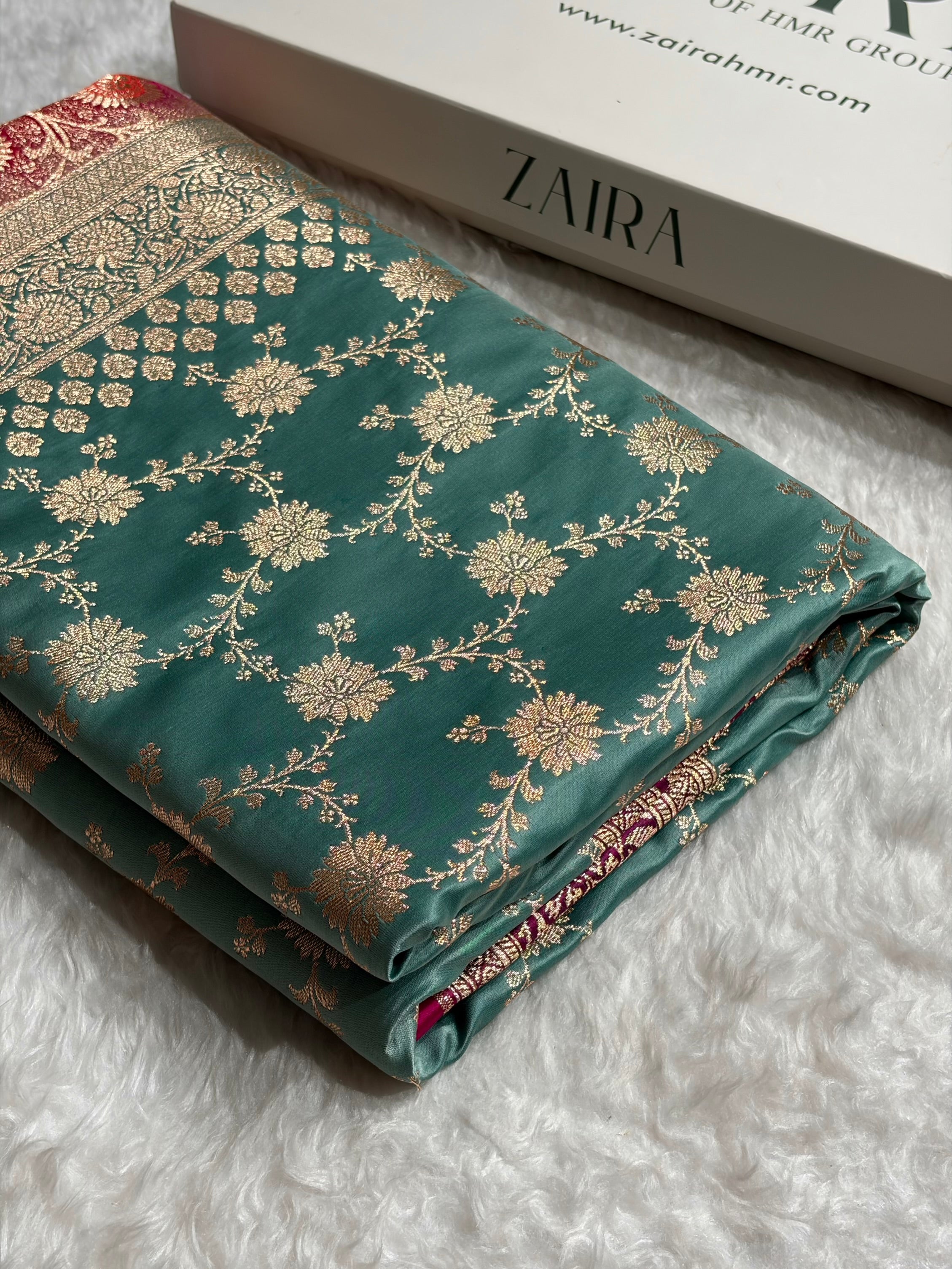 Banarasi Satin Katan Saree Contrast Rama / Rani Shades SK132
