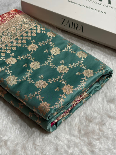 Banarasi Satin Katan Saree Contrast Rama / Rani Shades SK132