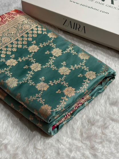 Banarasi Satin Katan Saree Contrast Rama / Rani Shades SK132