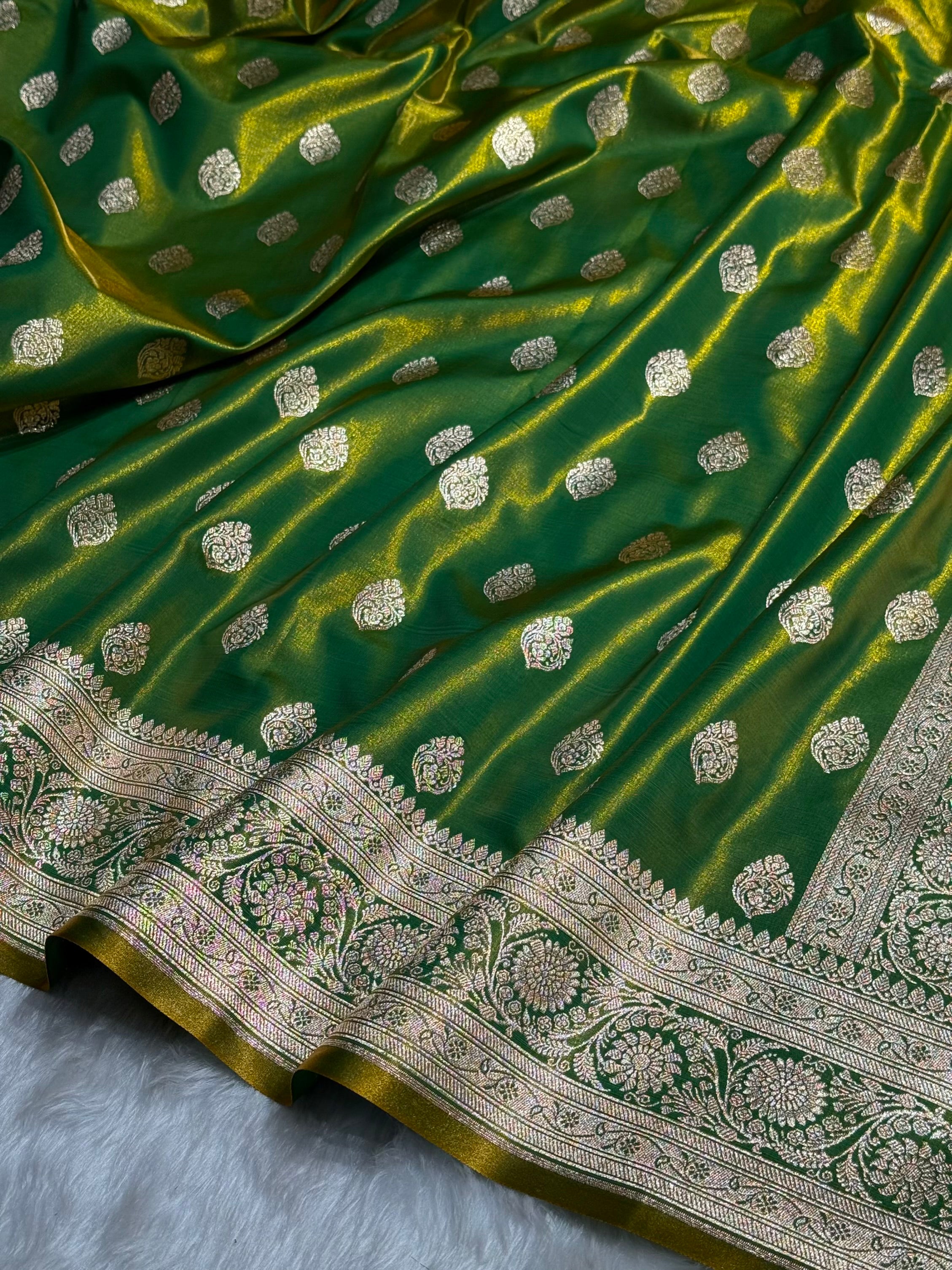 Ultra Light Weight Satin Silk Boota in Liril Green Shades SS03