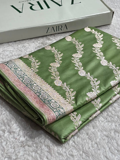 Light Pista Shades Minakari Border Mashru Silk Saree With Cross Pattern MS03