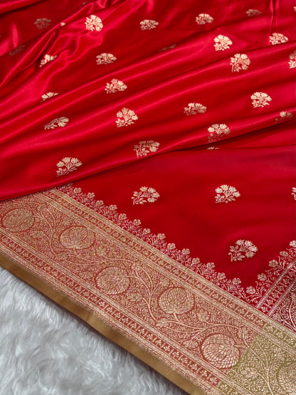 Red  - Cream Banarasi Boota Katan Silk Saree SKM29