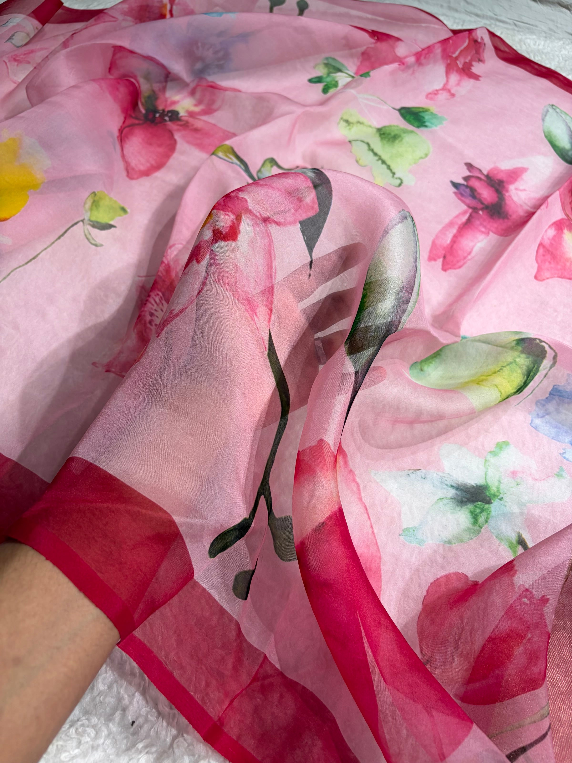 Baby Pink Organza with Pastel Multicolor Florals POP04