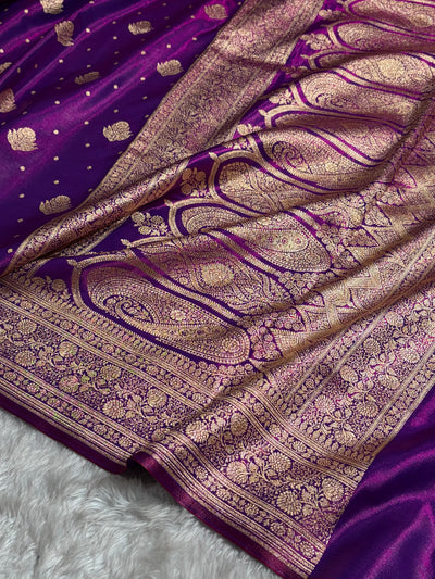 Banarasi Cross Purple Shades Booti Pattern Banarasi Satin Silk Saree SS59