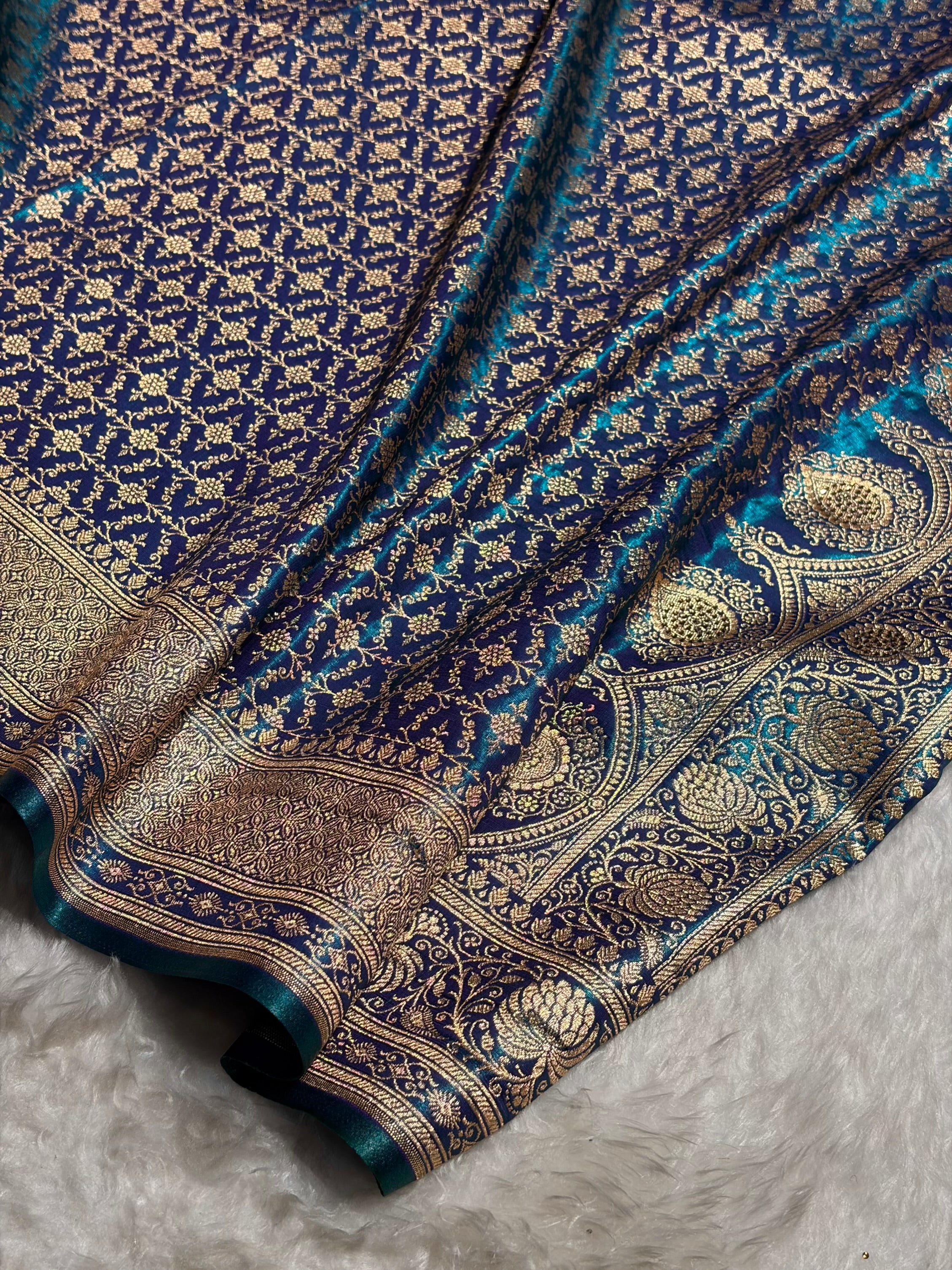 Satin Silk Saree Swarovski Work Jaal in Peacock Blue Shades BSS23 (R)