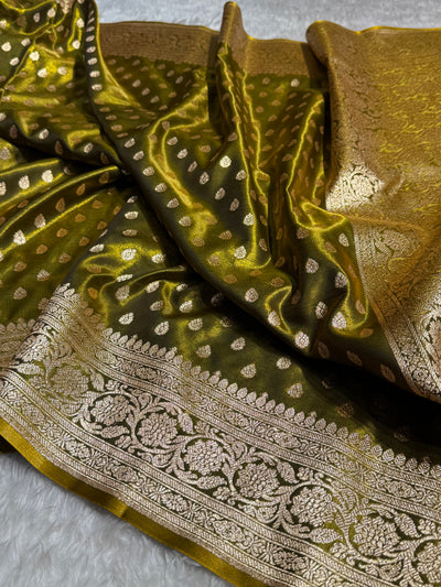 Satin Silk Booti in Mehandi Shades SS01