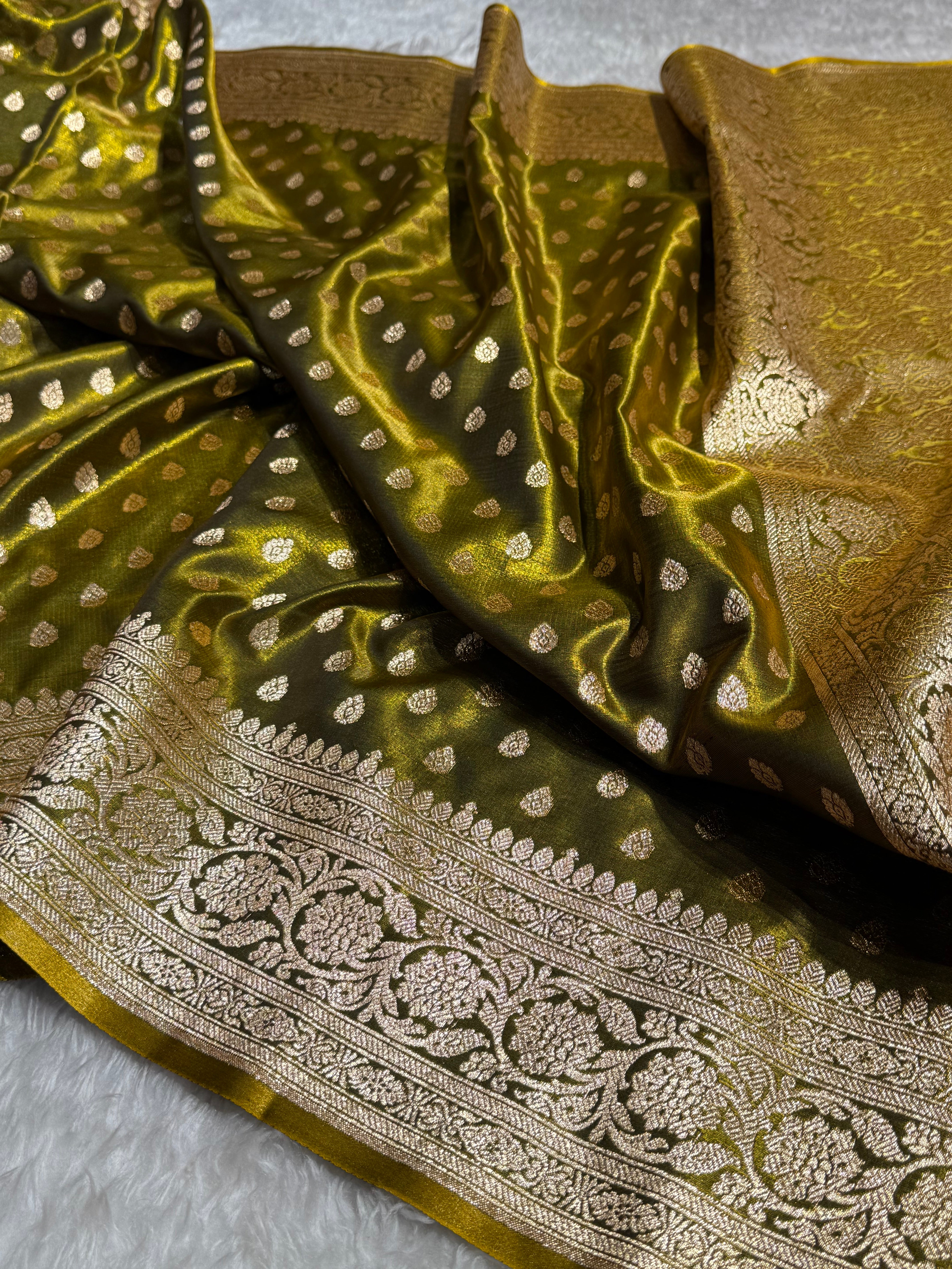 Satin Silk Booti in Mehandi Shades