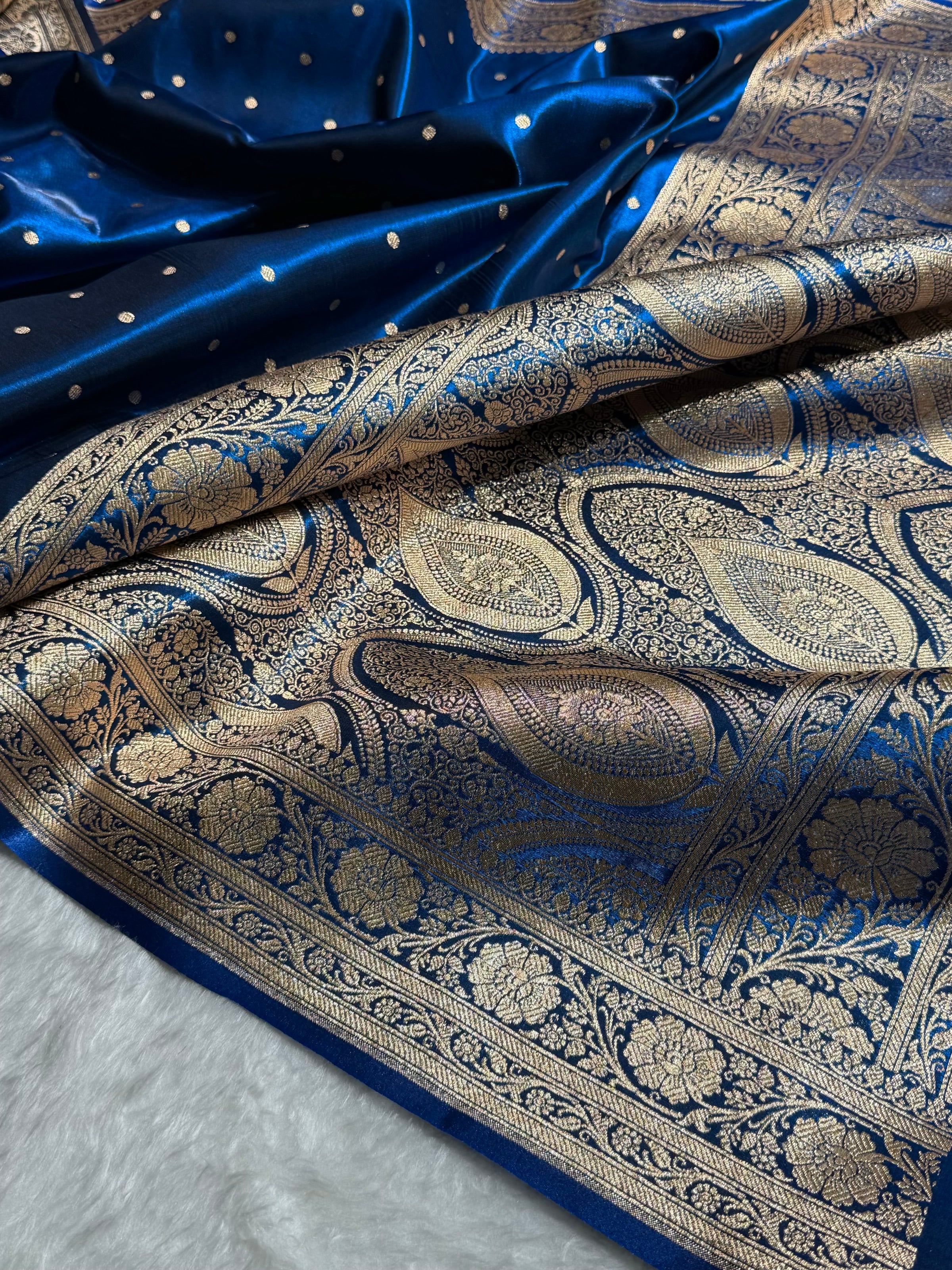 Banarasi Satin Silk Dot Booti in German Blue Shades SS08