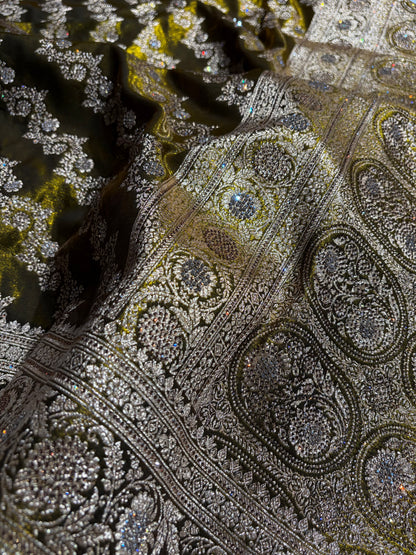 Banarasi Bridal Mehendi Shades With Swarovski Stone and White Stone Work Satin Silk Saree BSS32