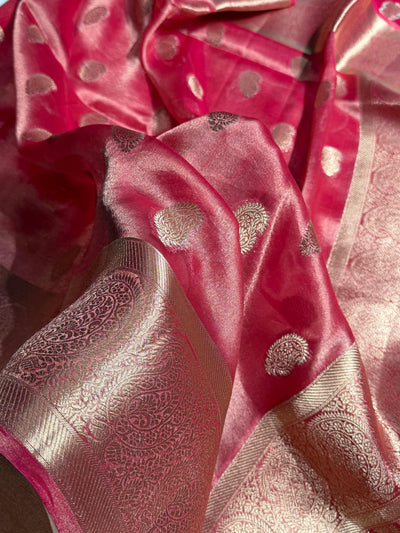 Pastel Pink Floral Shades Pure Tissue Kora Silk Saree TKC-01