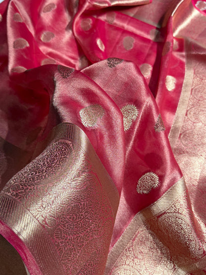 Pastel Pink Floral Shades Pure Tissue Kora Silk Saree TKC-01