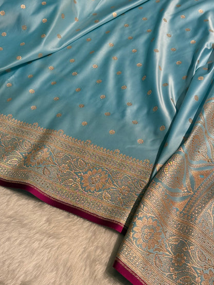 Sky Blue Booti Satin katan Silk Saree SK11
