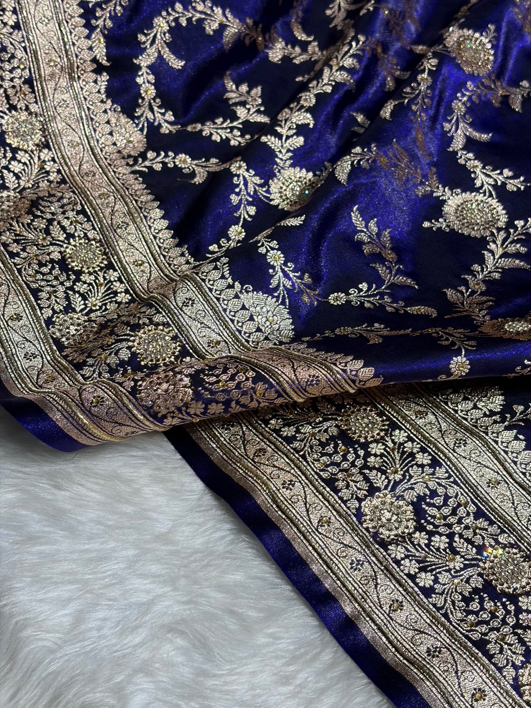 Satin Silk Banarasi Jaal in Royal Blue Shades with Work BSS14