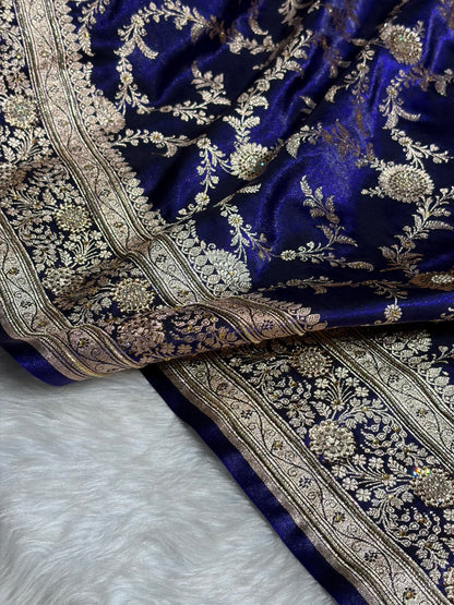 Satin Silk Banarasi Jaal in Royal Blue Shades with Work BSS14