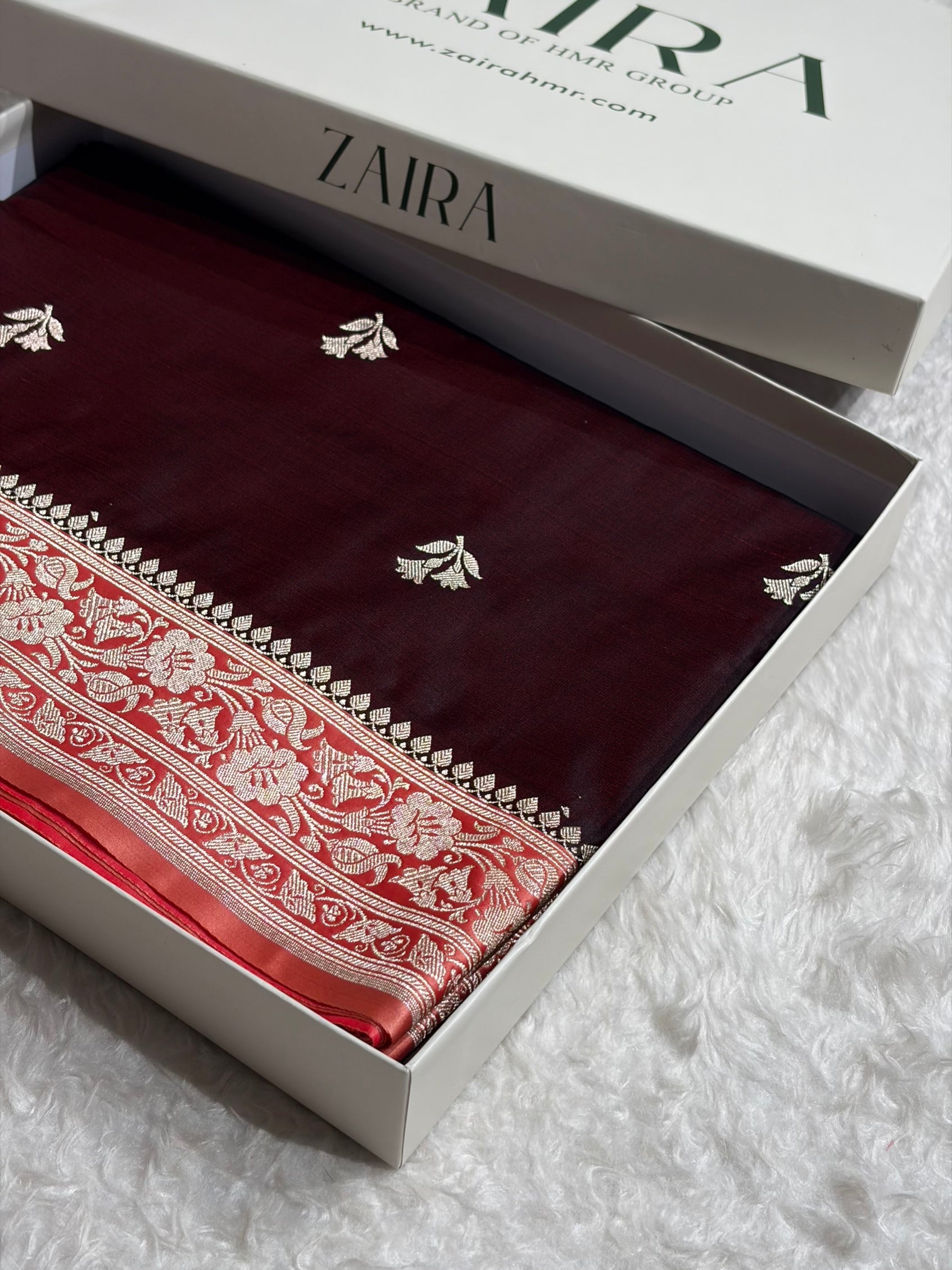Contrast Garnet / Peach Shades Banarasi Booti Pattern Mashru Silk Saree MSM-138