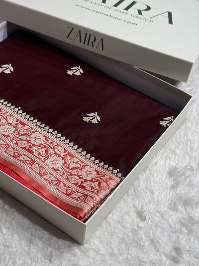 Contrast Garnet / Peach Shades Banarasi Booti Pattern Mashru Silk Saree MSM-138