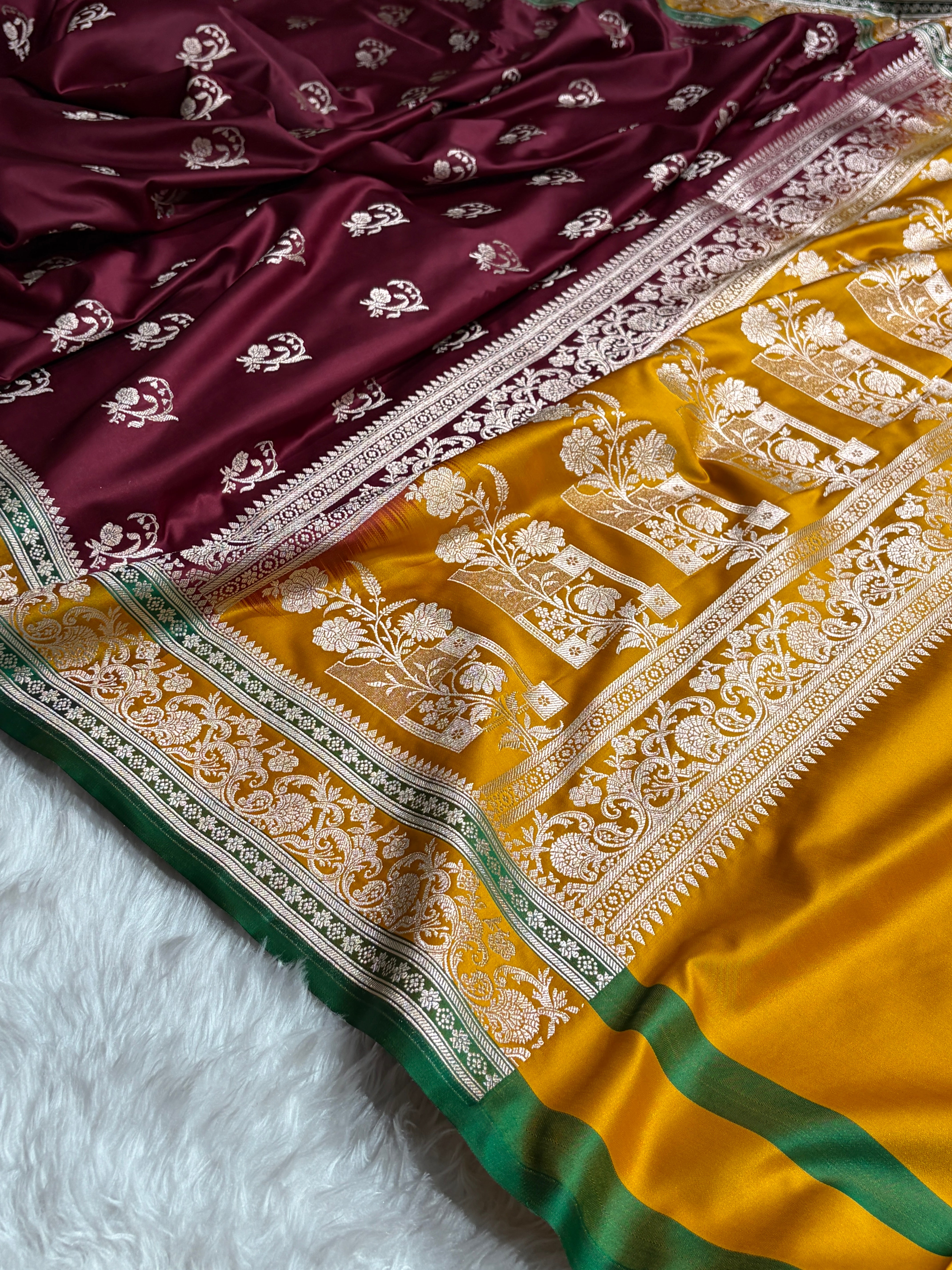 Banarasi Chocolate With Contrast Mustard Floral Border Mashru Silk Saree MSM-100