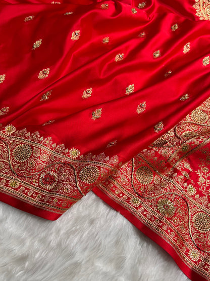 Banarasi Bridal Red Work Pattern Satin Katan Silk Saree BSK82