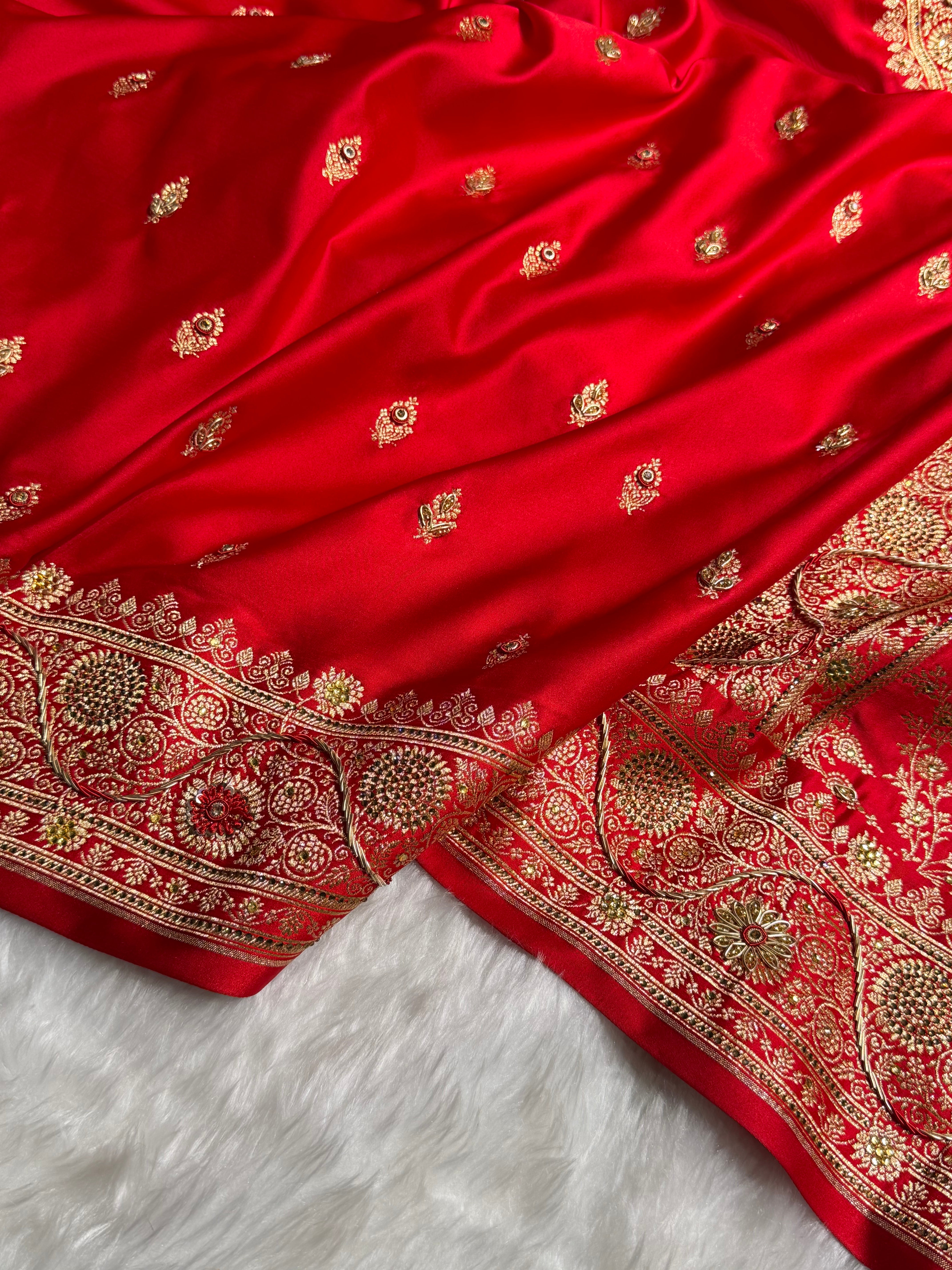 Banarasi Bridal Red Work Pattern Satin Katan Silk Saree BSK82