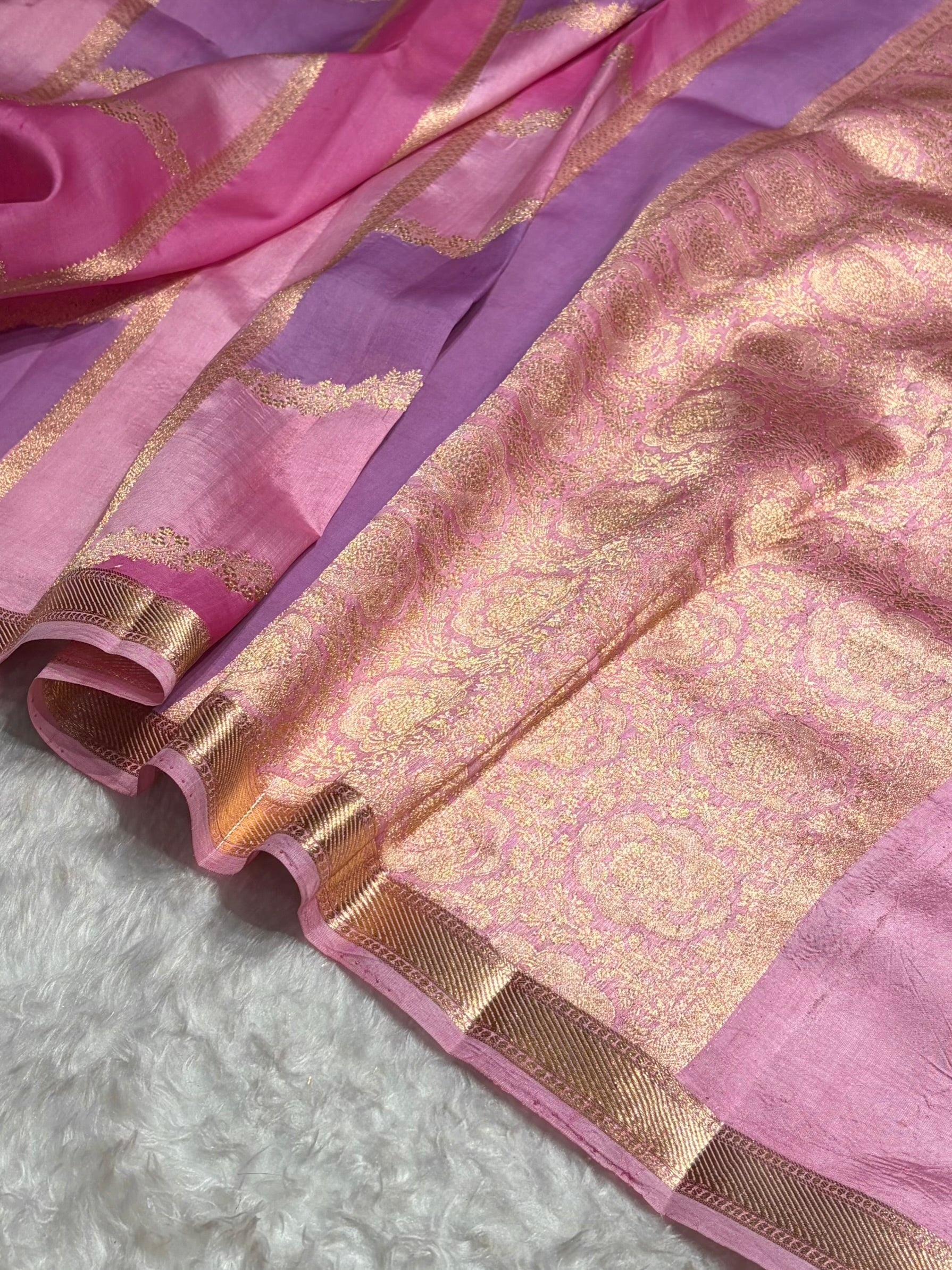 Banarasi Baby Pink Rangkat Shades Handwoven Pure Paper Silk  RM-68