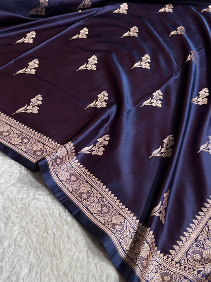 Cross Navy Boota With Floral Border Mashru Silk Saree MSM-97