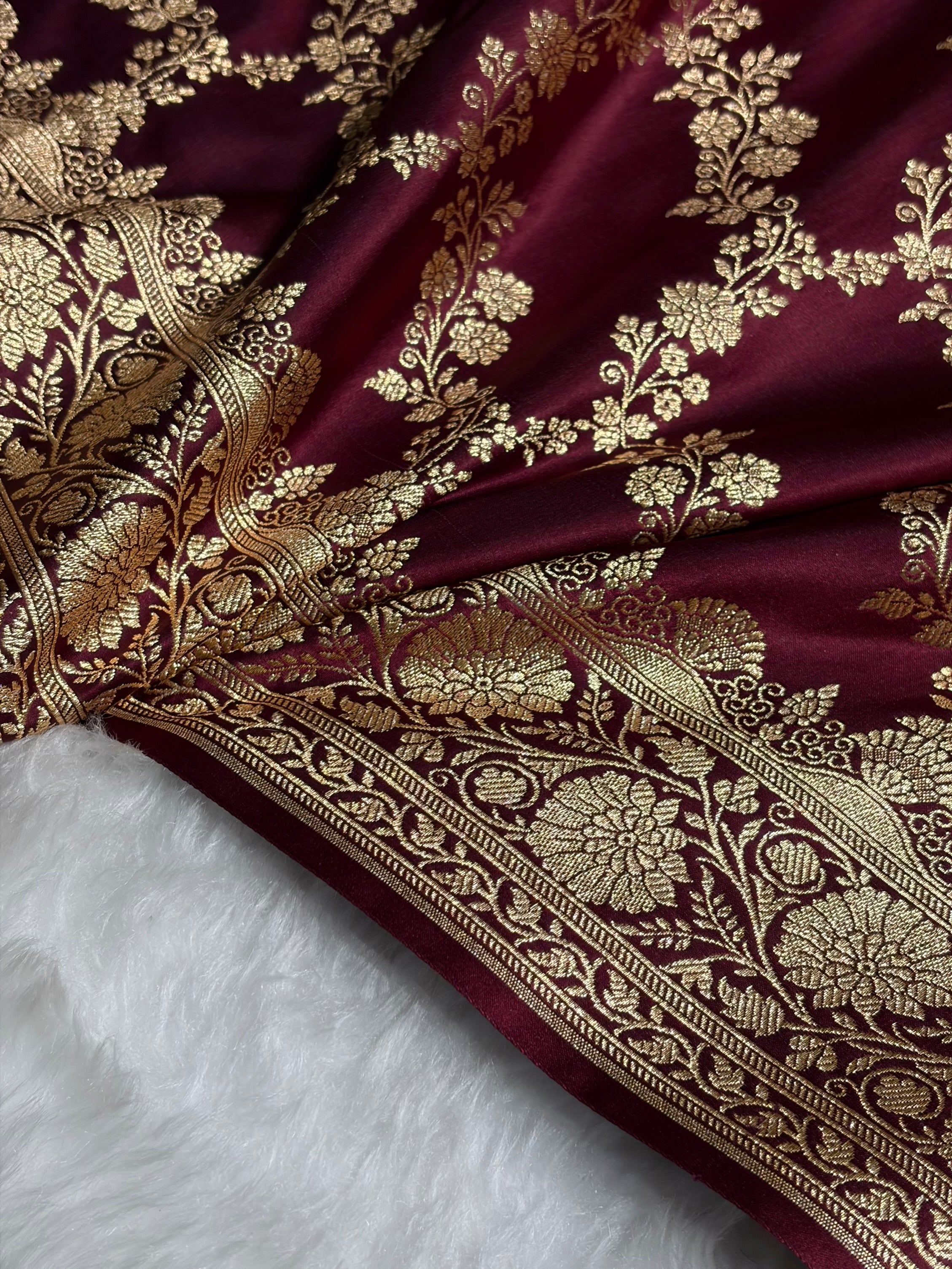 Chocolate Shade Floral Jaal Pattern Satin Katan Silk Saree SK43