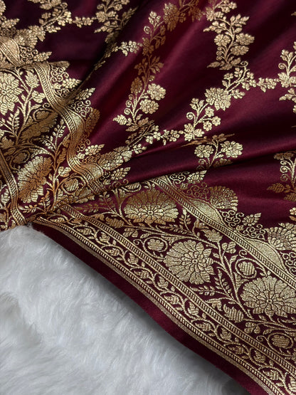Chocolate Shade Floral Jaal Pattern Satin Katan Silk Saree SK43