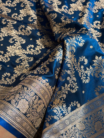 German Blue Shades Jaal Pattern Banarasi Satin Silk Saree SS49