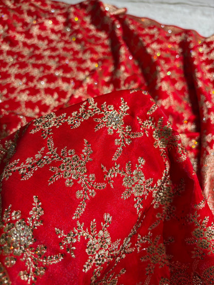 Bridal Red Satin Silk Jaal with Swarovski Stone Work & brocade Blouse BSS16