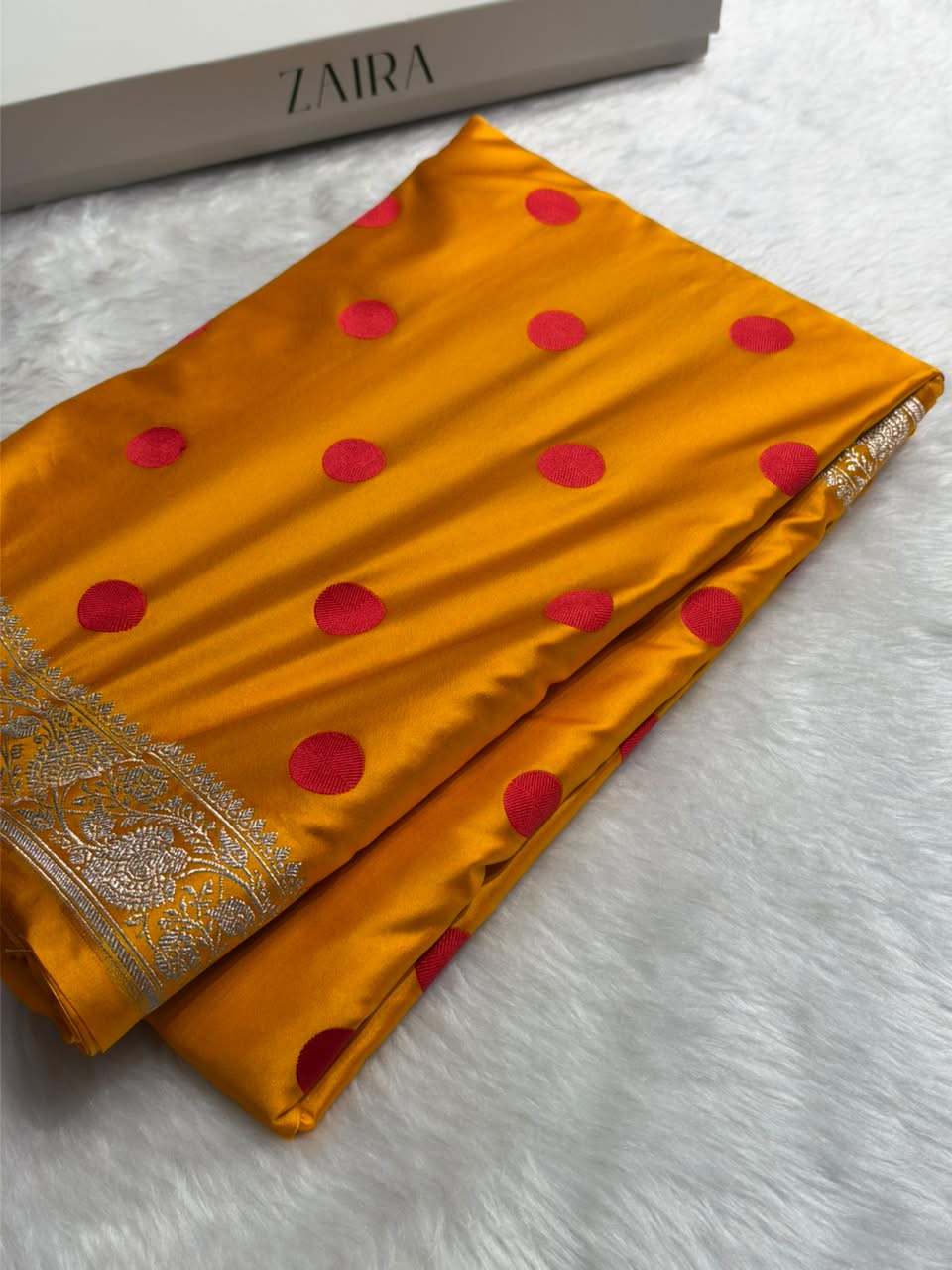 Yellow Banarasi Silk Saree with Polka Dot Buti & Woven Border MCS111