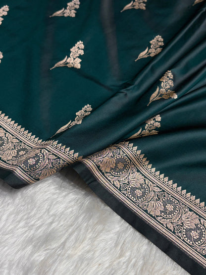 Dark Rama Boota With Floral Border Mashru Silk Saree MSM-97