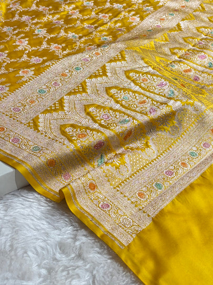 Yellow Shades Banarasi Minakari Floral Jaal Mashru Silk Saree MS28