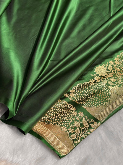Bottle Green Unique Boota Pattern Satin Katan Silk Saree SK70
