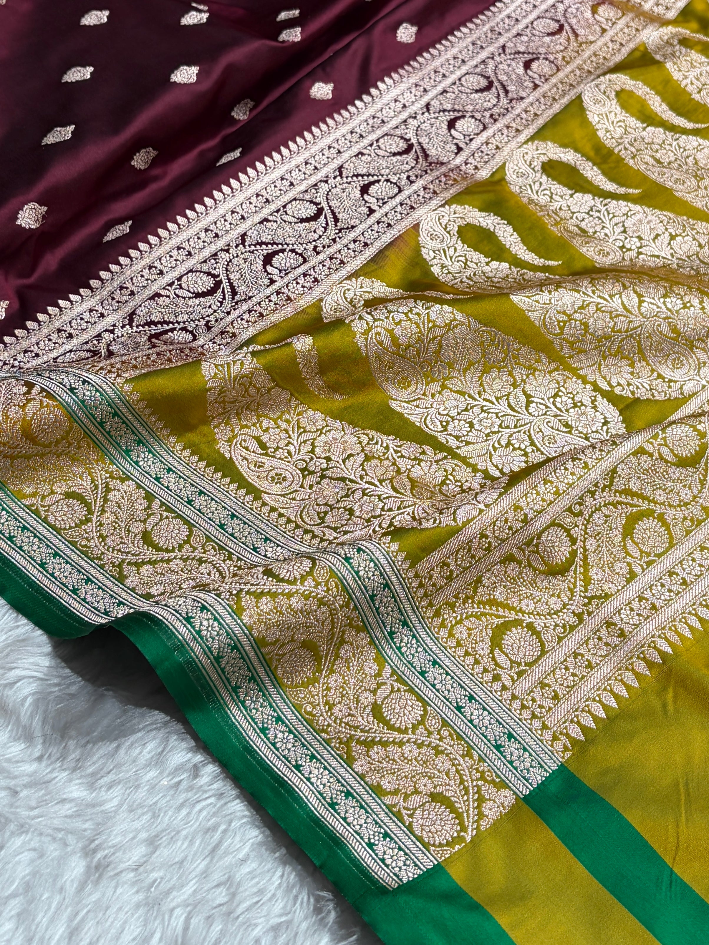 Banarasi Chocolate With Contrast Liril Green Floral Border Mashru Silk Saree MSM-101