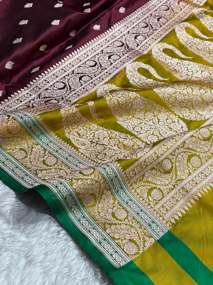 Banarasi Chocolate With Contrast Liril Green Floral Border Mashru Silk Saree MSM-101