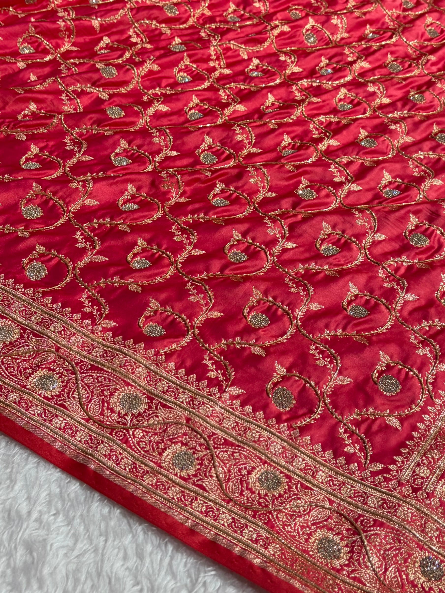 Banarasi Gajri Shades Jaal Pattern With Swarovski Stone & Zardozi Satin Katan Silk Saree BSK55
