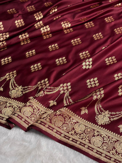 Garnet Floral Boota Satin Katan Silk saree SK34