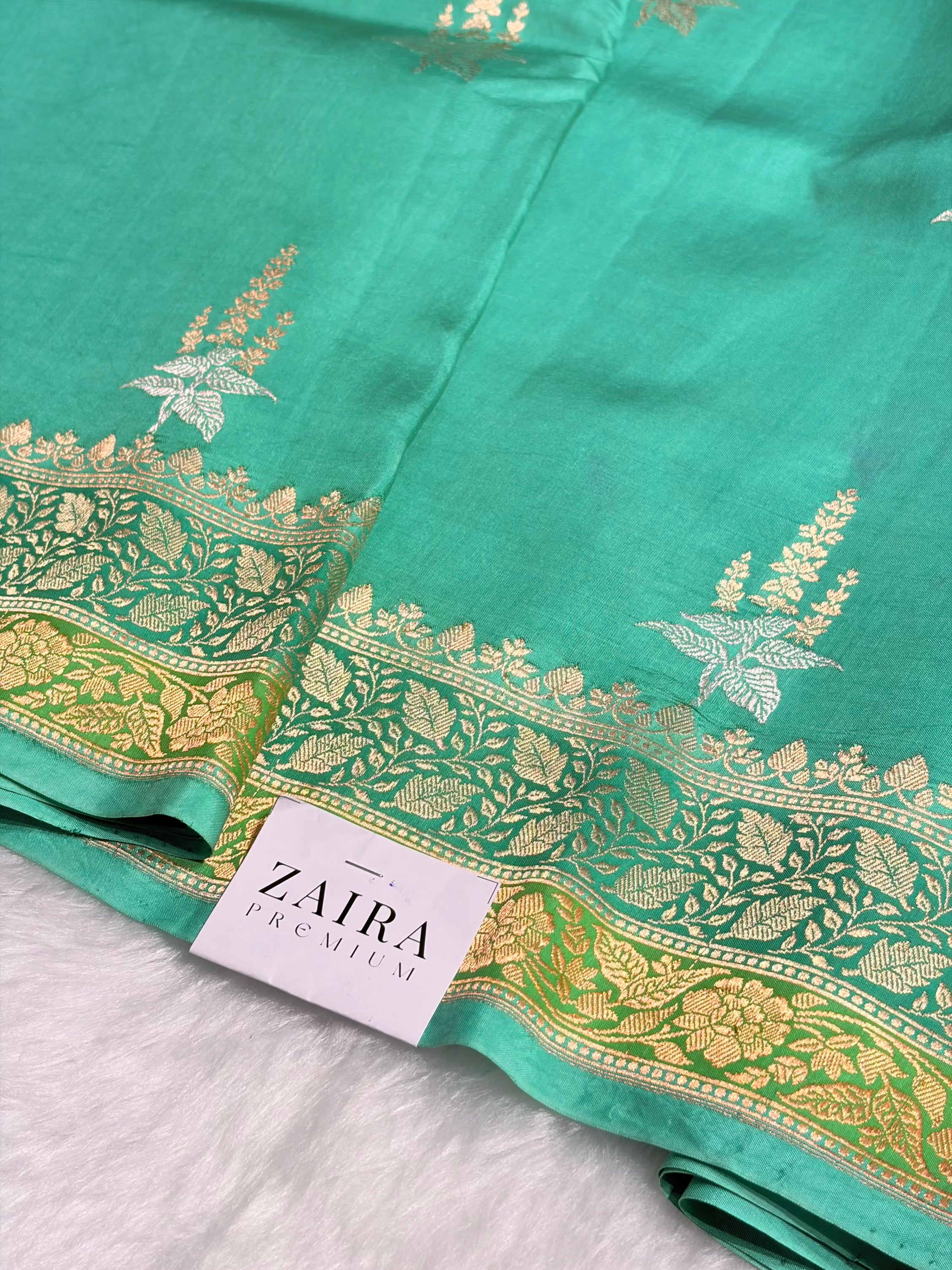 Sea Green Shades Meena Boota Handwoven Pure Katan Raw Mango Silk RM-36