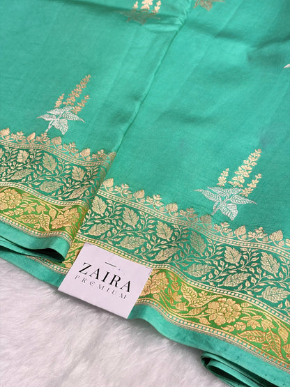 Sea Green Shades Meena Boota Handwoven Pure Katan Raw Mango Silk RM-36