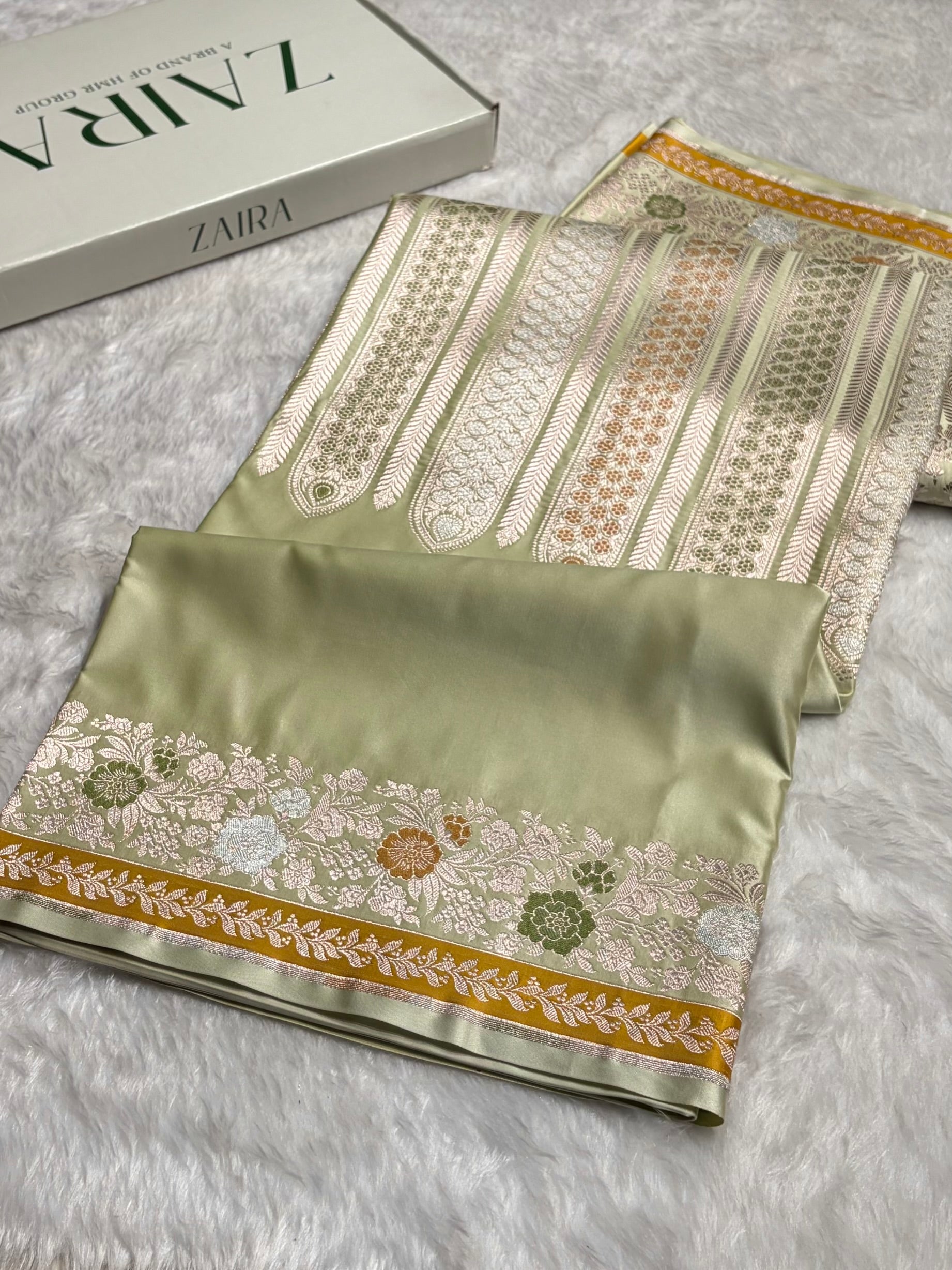 Pista Shades Floral Minakari Skirt Border Mashru Silk Saree MSM-83
