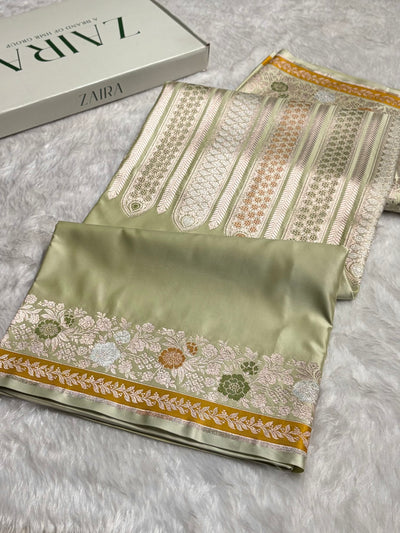 Pista Shades Floral Minakari Skirt Border Mashru Silk Saree MSM-83
