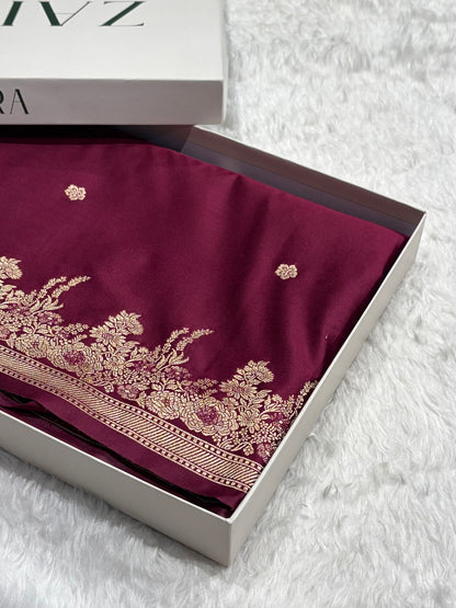 Banarasi Satin Katan Saree Booti Minakari Pattern in Wine Shades SK136