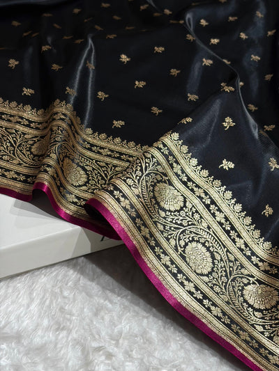 Banarasi Black Shades Cross Pattern Banarasi Satin Silk Saree SS52