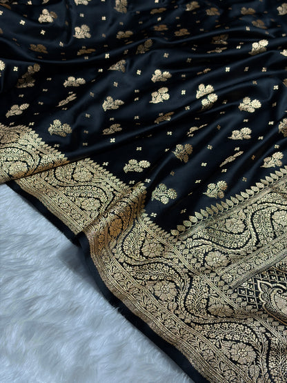 Banarasi Black Floral Unique Boota Pattern Satin Katan Silk Saree SK73