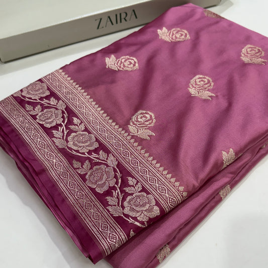 Contrast Baby Pink - Pink Combination Rose Motif Mashru Silk Saree