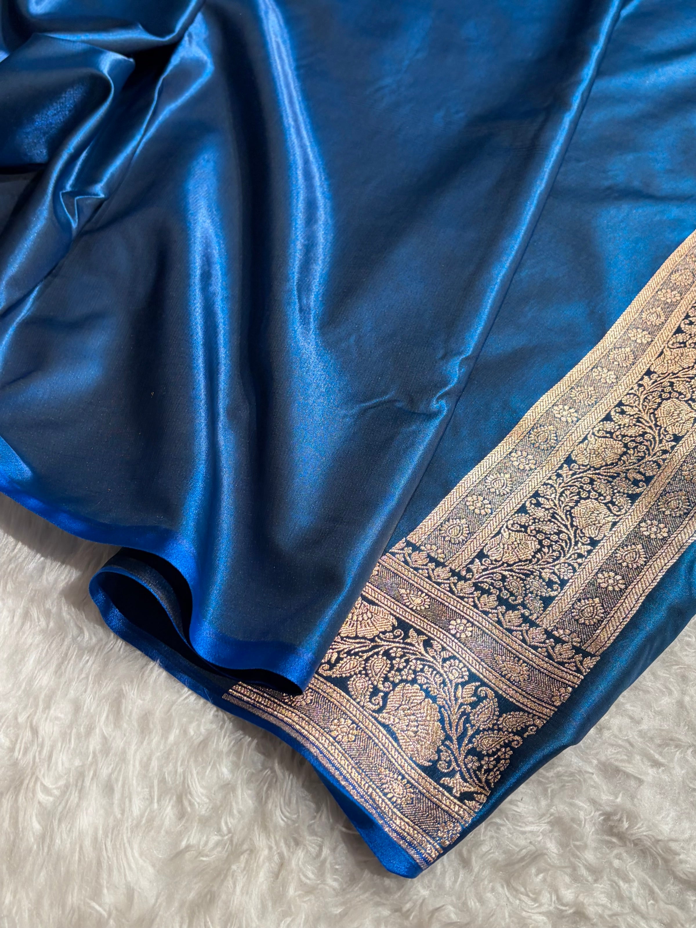 German Blue Shades Jaal Pattern Banarasi Satin Silk Saree SS48