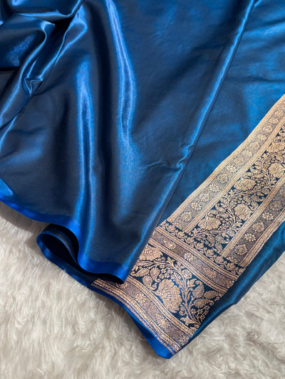 German Blue Shades Jaal Pattern Banarasi Satin Silk Saree SS48