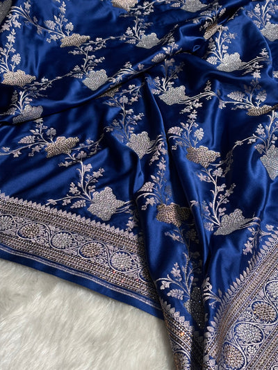 Banarasi Royal Blue Shades Swarovski Work Jaal Mashru Silk Saree BMCS63